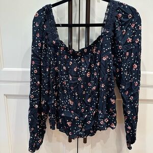 Blue Smocked Ruffled Long Sleeve Blouse